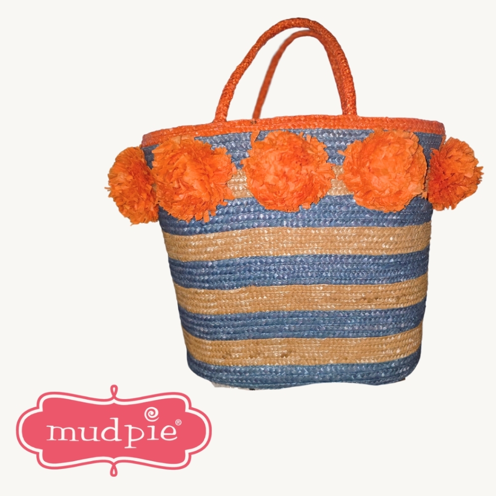 Mud Pie Blue Tan And Orange Woven Beach Tote